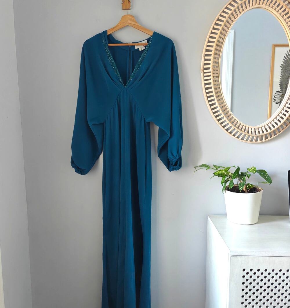 Sachin & Babi Gabby Teal Beaded V Neck Cape Sleeve Maxi Gown Dress 4